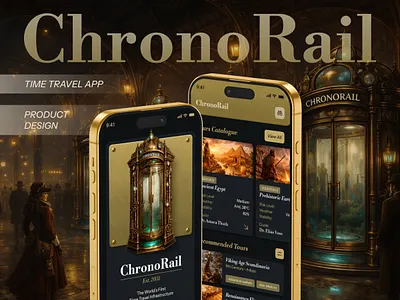 ChronoRail / Time Travel App app booking case study concept dark design figma flow illustrative mobile onboarding product prototype research steampunk time travel ui ux visual