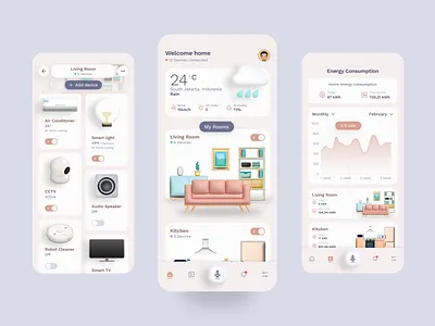 Hommie - Smart Home Mobile App 3d ac app card cctv home icon illustration kitchen light living room mobile robot smart smarthome soft speaker tv ui wheater