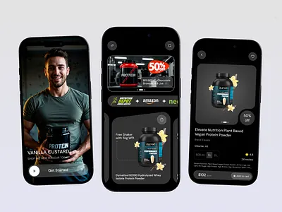 Protein Store — E-Commerce Mobile App app design app screen dark ui e commerce figma fitness app interface design ios design logo mobile design mobile ui product design protein ui design uiux ux design