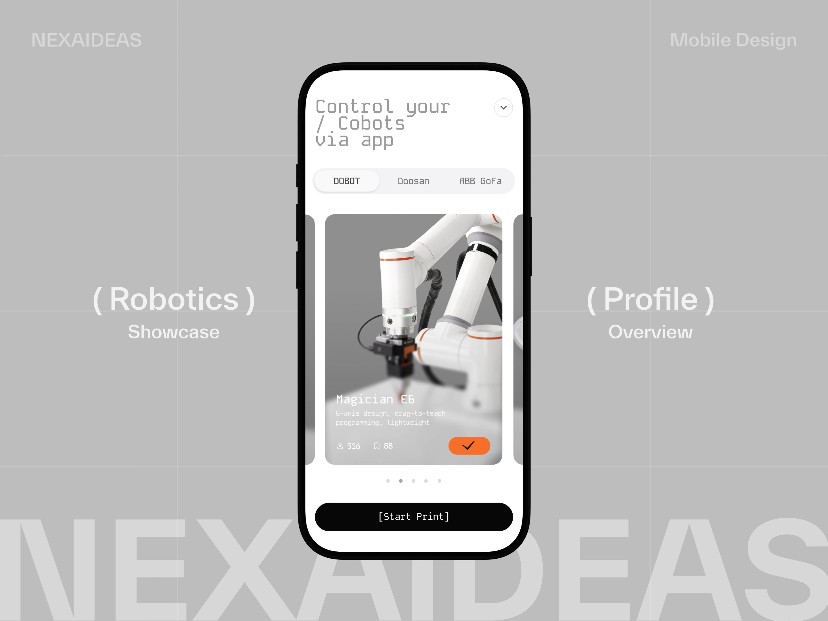 Robotic 3D Printing App | Metal Parts & Cobot Control 3d printing animation clean cobot figma industrial automation industry 4 0 material selection minimalist mobile app motion graphics nexaideas robotic arm temperature monitoring ui design ux design
