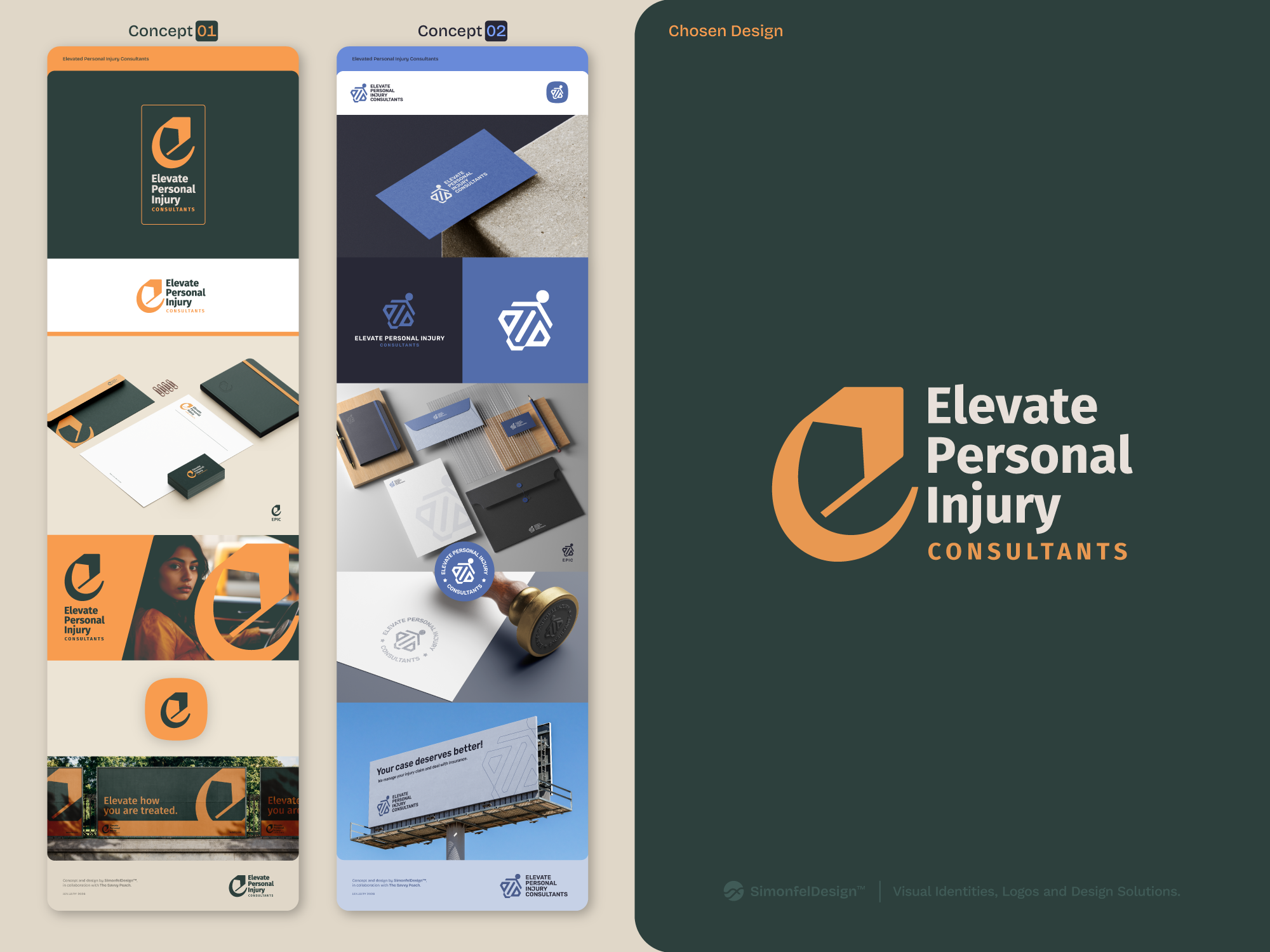 2 Brand Concepts for Elevate Personal Injury Consultants advertisement billboard brand concepts branding concept consultant final design law lawyer legal letter e mockups paralegal personal presentation stamp stationery sword two concepts