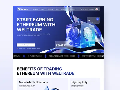 Ethereum Trading Landing Page ✸ Fintech 3d crypto dashboard digital product features fintech hero image homepage icons landing page minimal ui responsive design saas startup trading platform ui design ux design web design web3