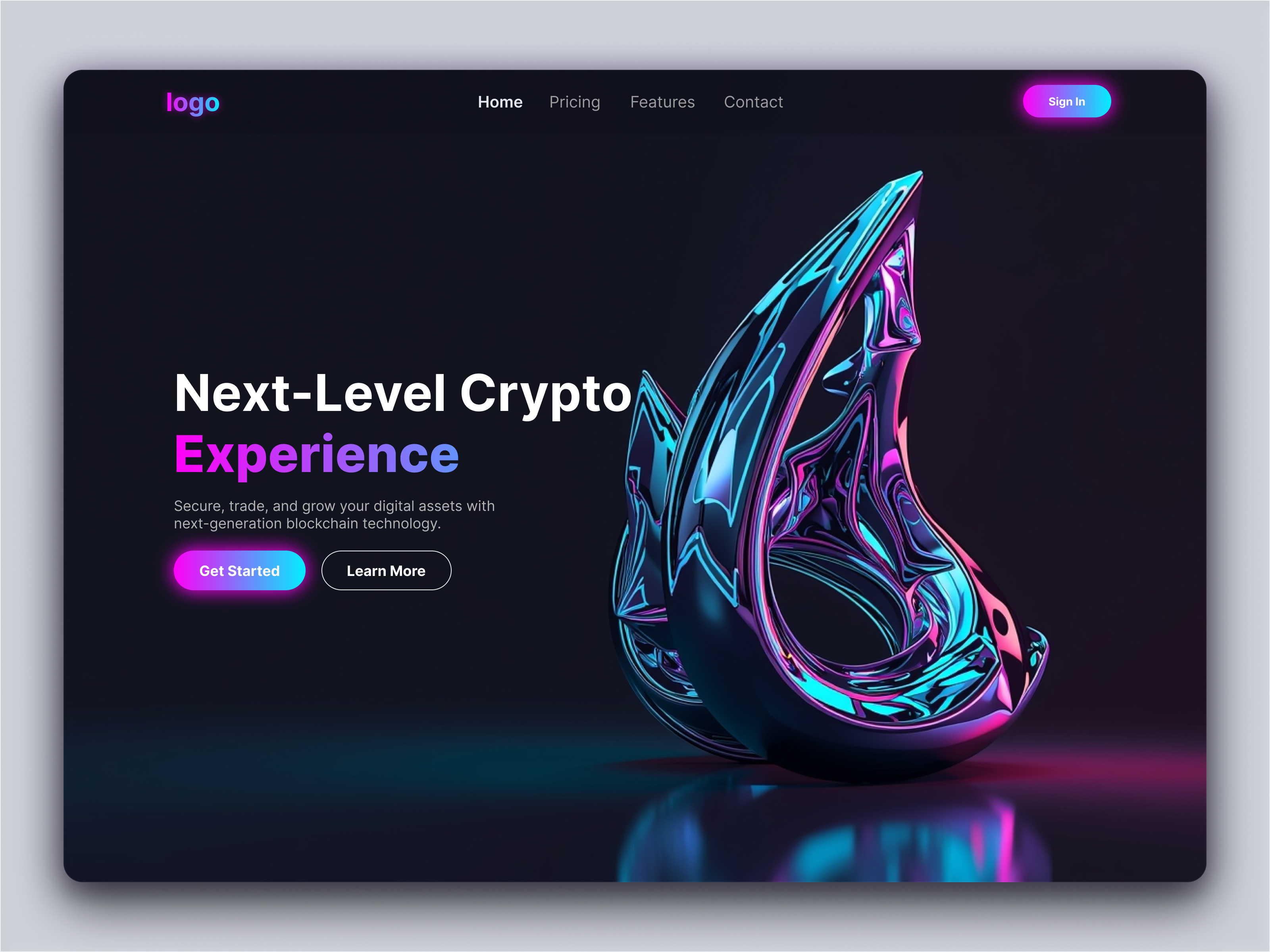 Next-Level Crypto Experience – Futuristic Fintech Hero UI Design 3d illustration blockchain crypto dark ui digital product fintech futuristic ui glassmorphism hero section landing page minimal ui modern interface neon gradient product design saas startup design ui design ux design web interface web3