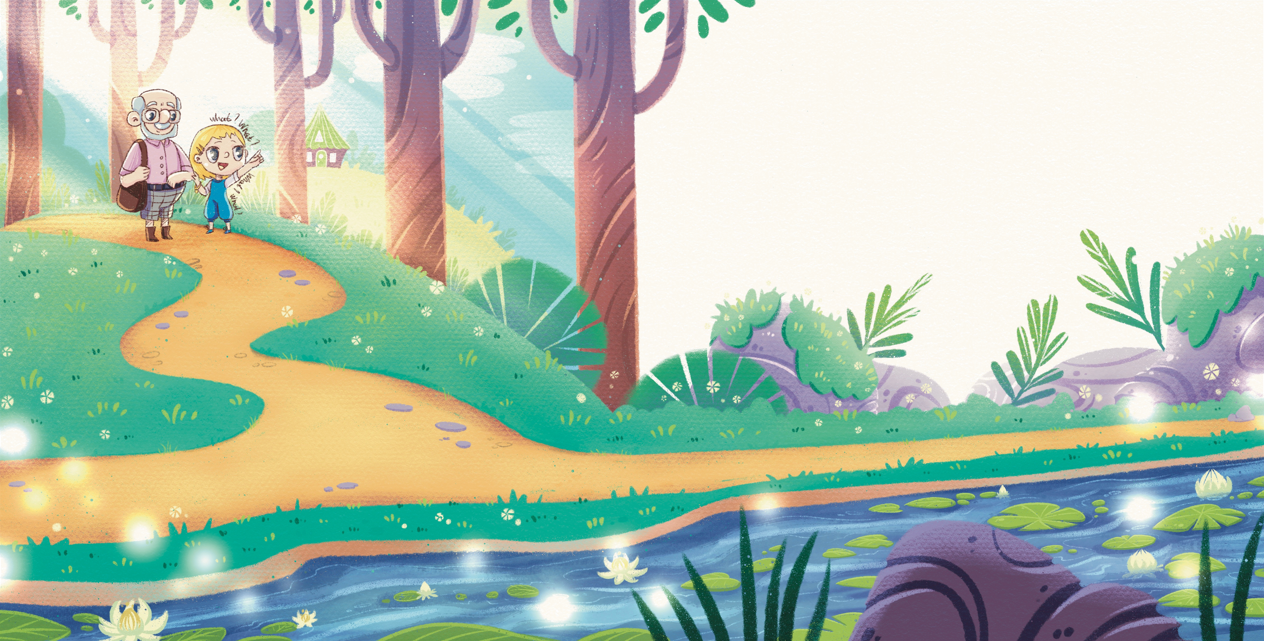 Double spread illustration for a children book art character design children book children illustration girl grandpa illustration kid art procreate raster illustration
