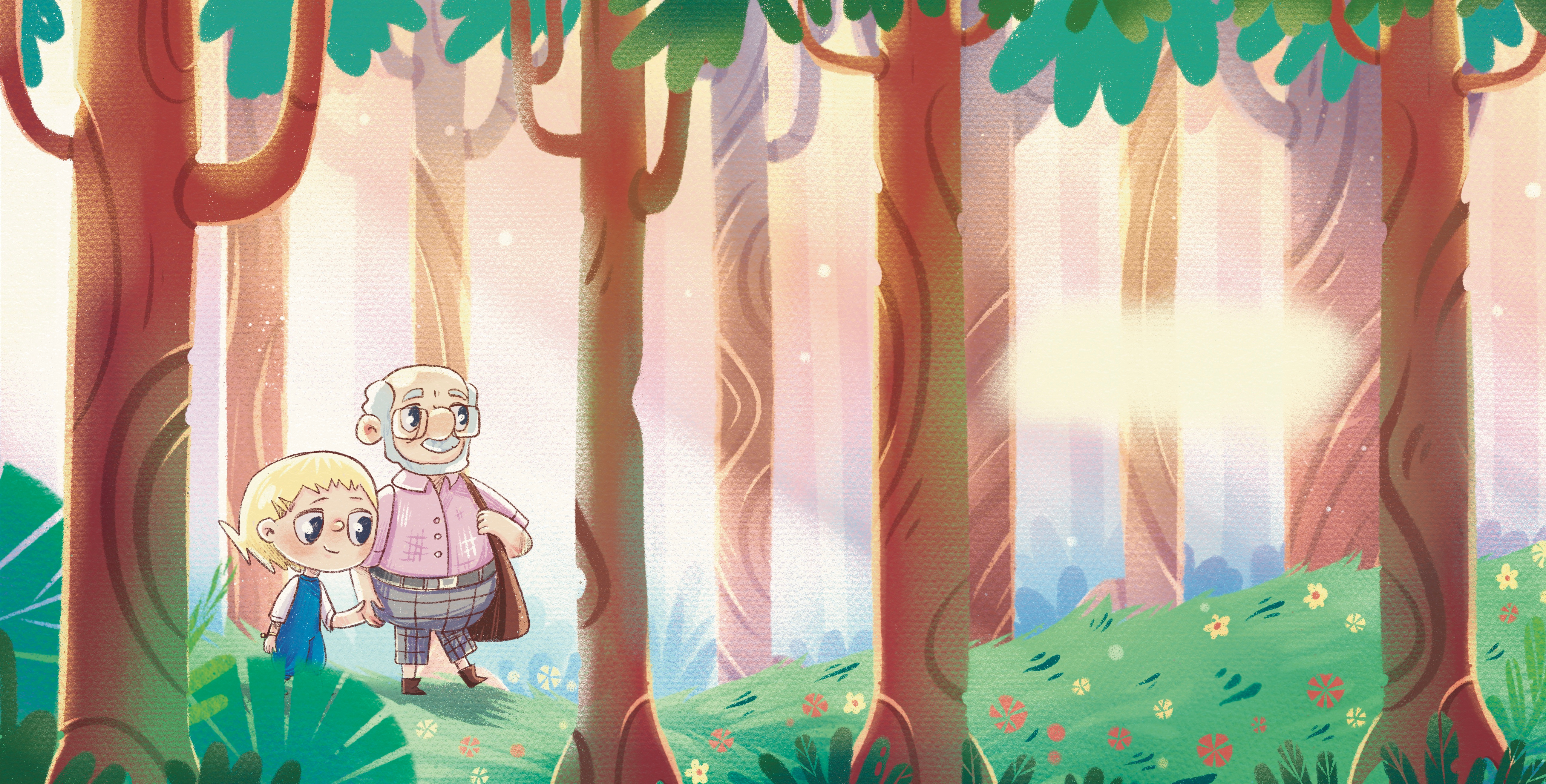 Full colored children's book illustration abot girl and grandpa art character design children book children illustration fantasy girl grandpa illustration kid art procreate raster illustration