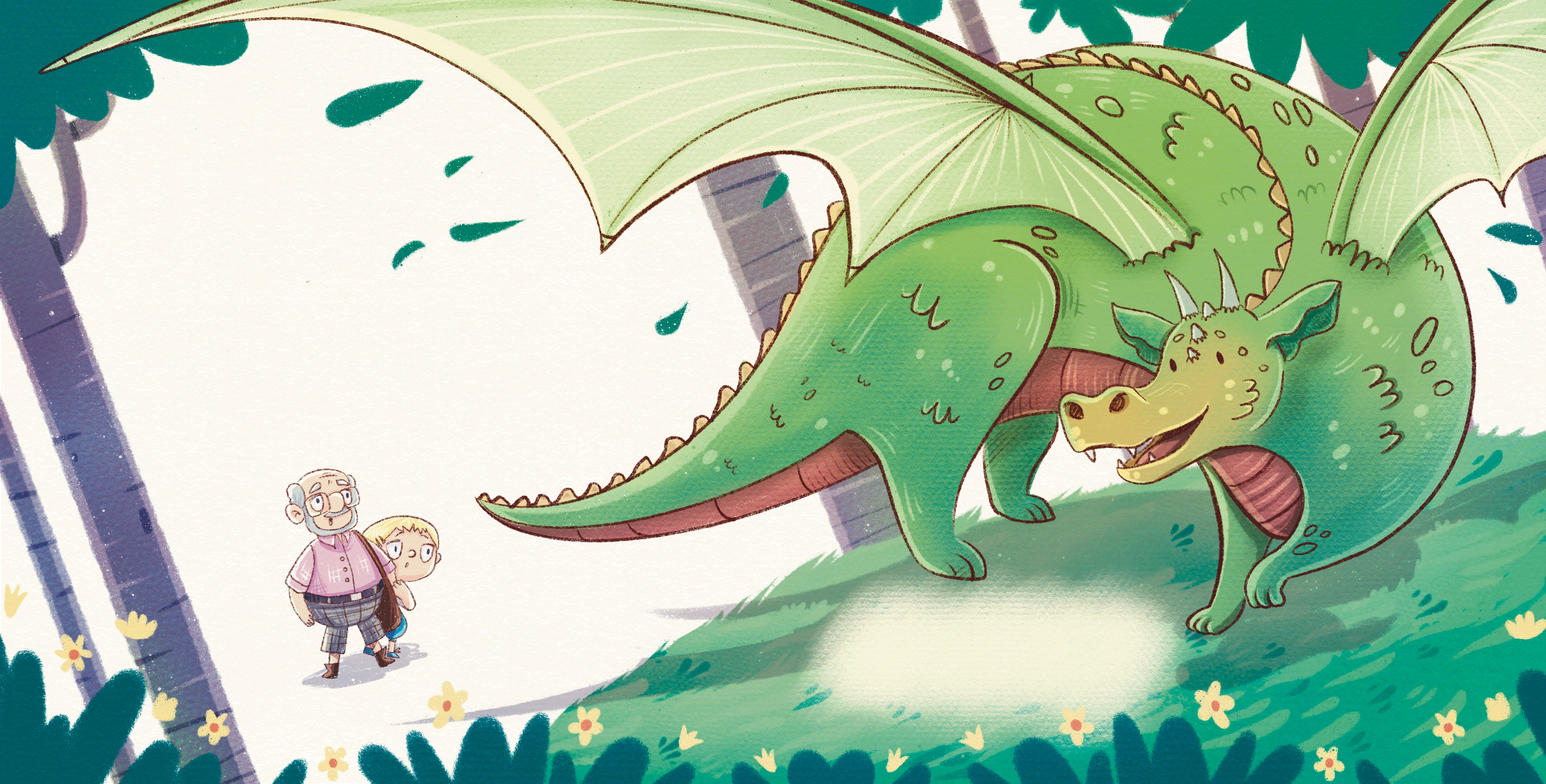 Dragon illustration Double spread illustration for children book art character design children book children illustration design dragon girl grandpa illustration kid art procreate raster illustration