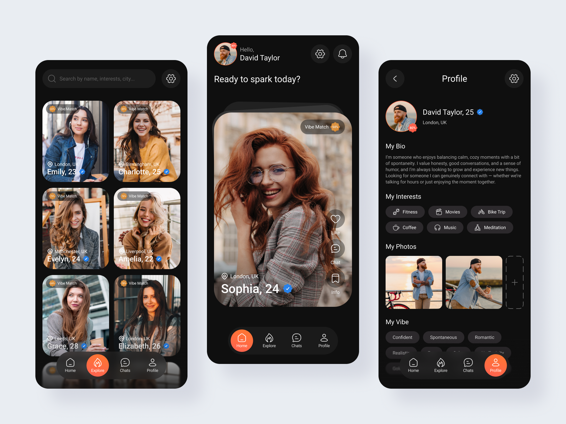 Dating App by Alex Pavlov android app chat interface clean ui dark mode ui dating app dating ui dating ux ios app matchmaking app minimal ui mobile app design mobile dating mobile ui modern app design onboarding flow profile screen social app swipe interface ui design ux design