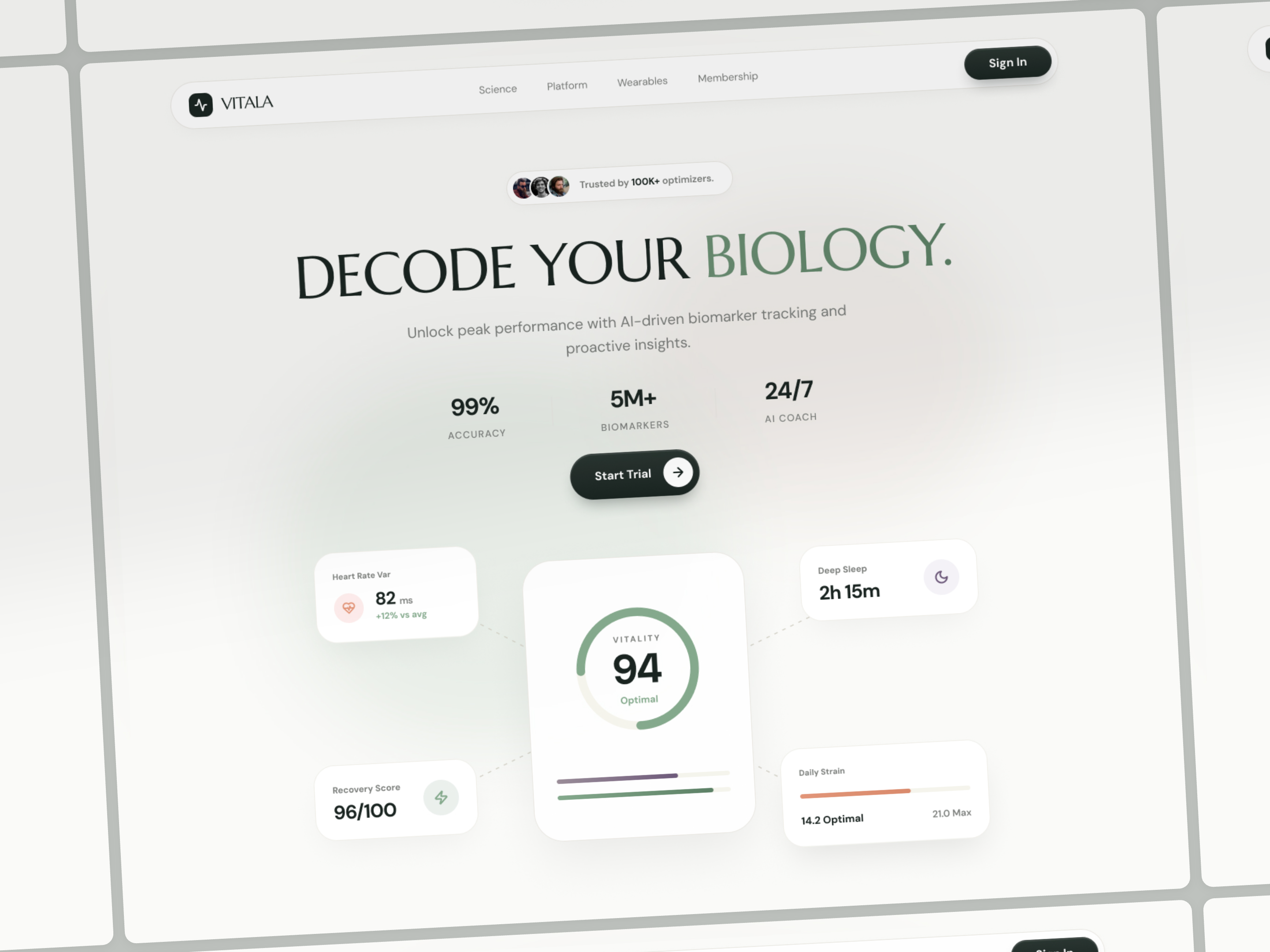 Vitala: Premium AI Health & Longevity OS ai b2b branding dashboard datavisualization design figma health landing page medical ui