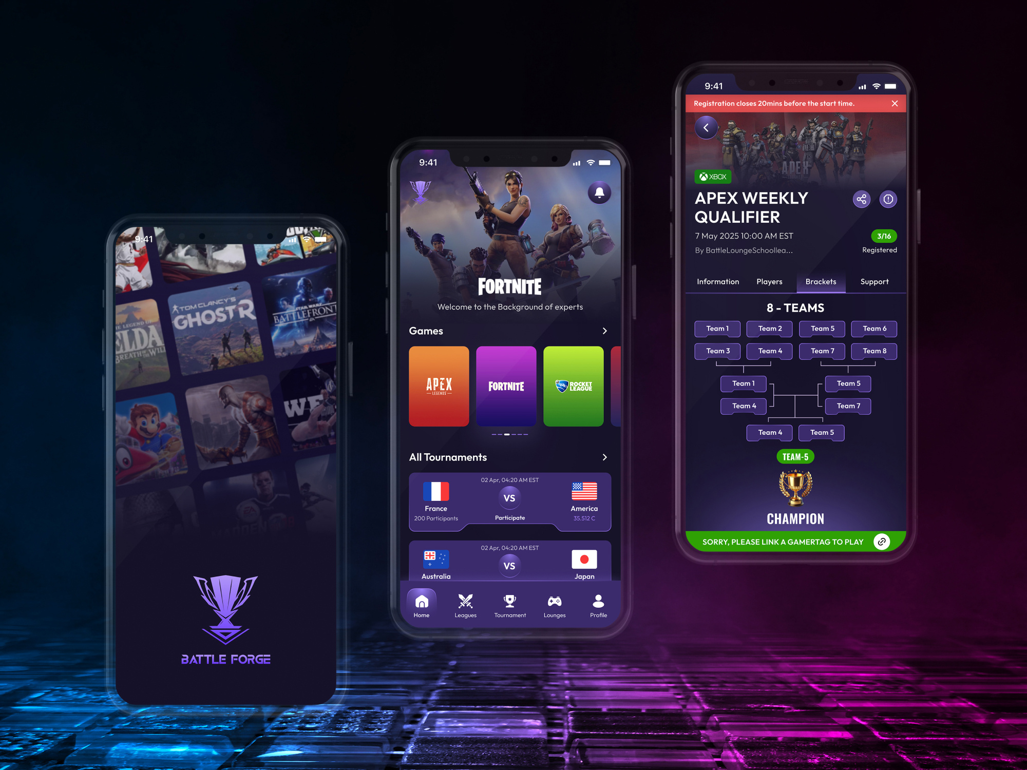 Battle Forge – Esports Gaming App UI/UX Design appdesign creativedesign darkui designportfolio dribbble esportsapp figmadesign gameapp gameuidesign gamingui graphic design interactiondesign mobileappdesign modernui motion graphics productdesign ui uidesign uiuxdesign uxdesign