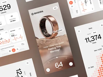 Smart Ring App — Health Tracking Mobile UI app design clean ui data visualization digital product fitness app health app health tracking healthcare ui ios mobile app modern ui product design smart ring startup app ui ux wearable app wearable tech wellness app