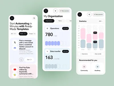 Automation App — Workflow & No-Code Mobile UI analytics app app design app ui automation business app co code app dashboard app data dashboard design agency digital product mobile app mobile saas no code product design productivity app saas saas design startup app ui ux workflow