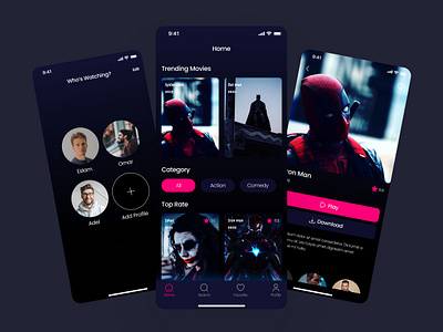 Movies App || Mobile Ui Design app branding dark design designer illustration logo marvel movies screen ui ux vector
