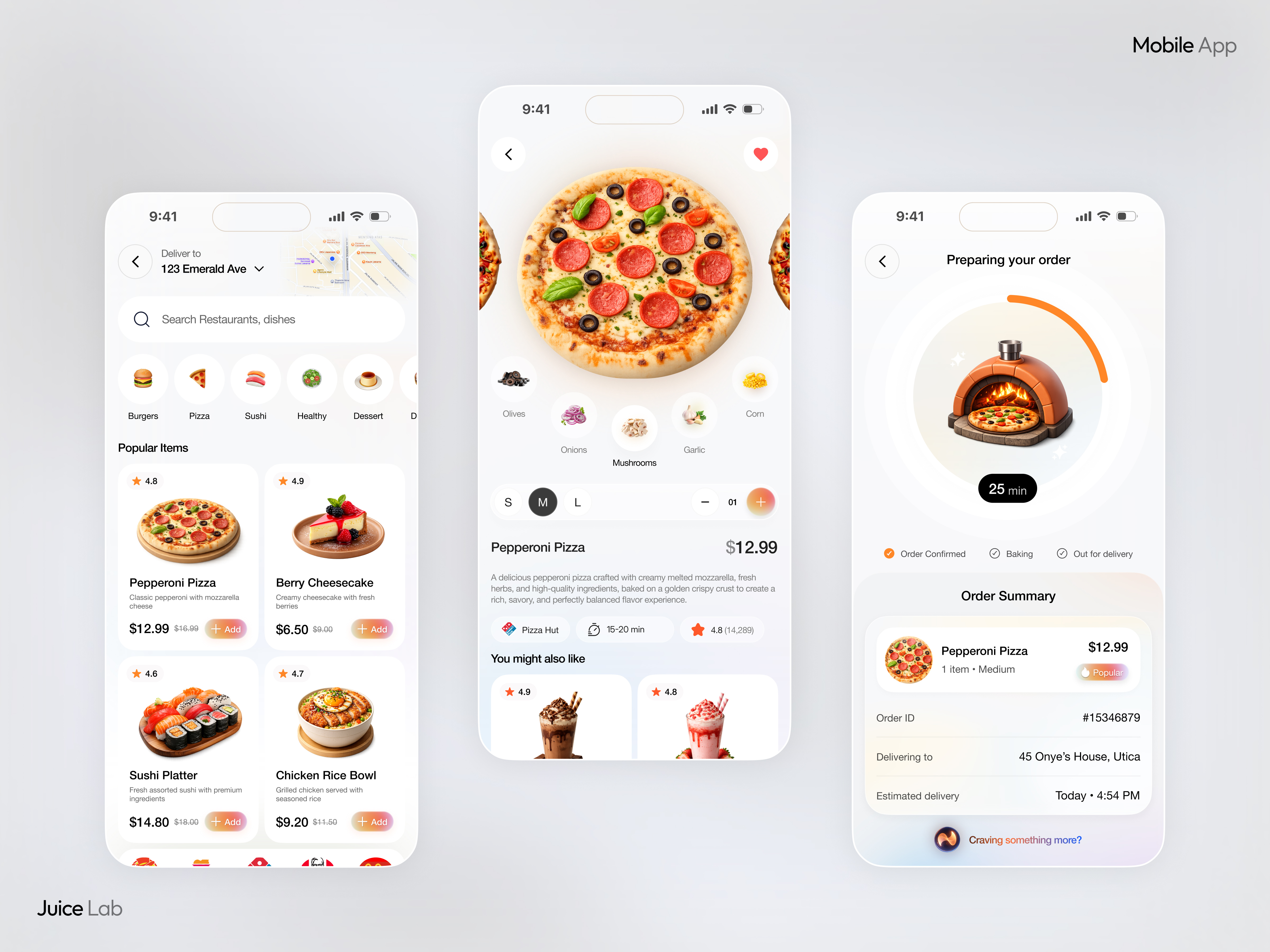 Food Delivery Mobile App UI | Ordering, Tracking & Checkout Flow app design delivery app design inspiration ecommerce app food app food delivery food ordering food ui grocery app interaction design juice lab mobile app ui mobile design modern ui product design restaurant app startup design ui ux design user experience ux case study