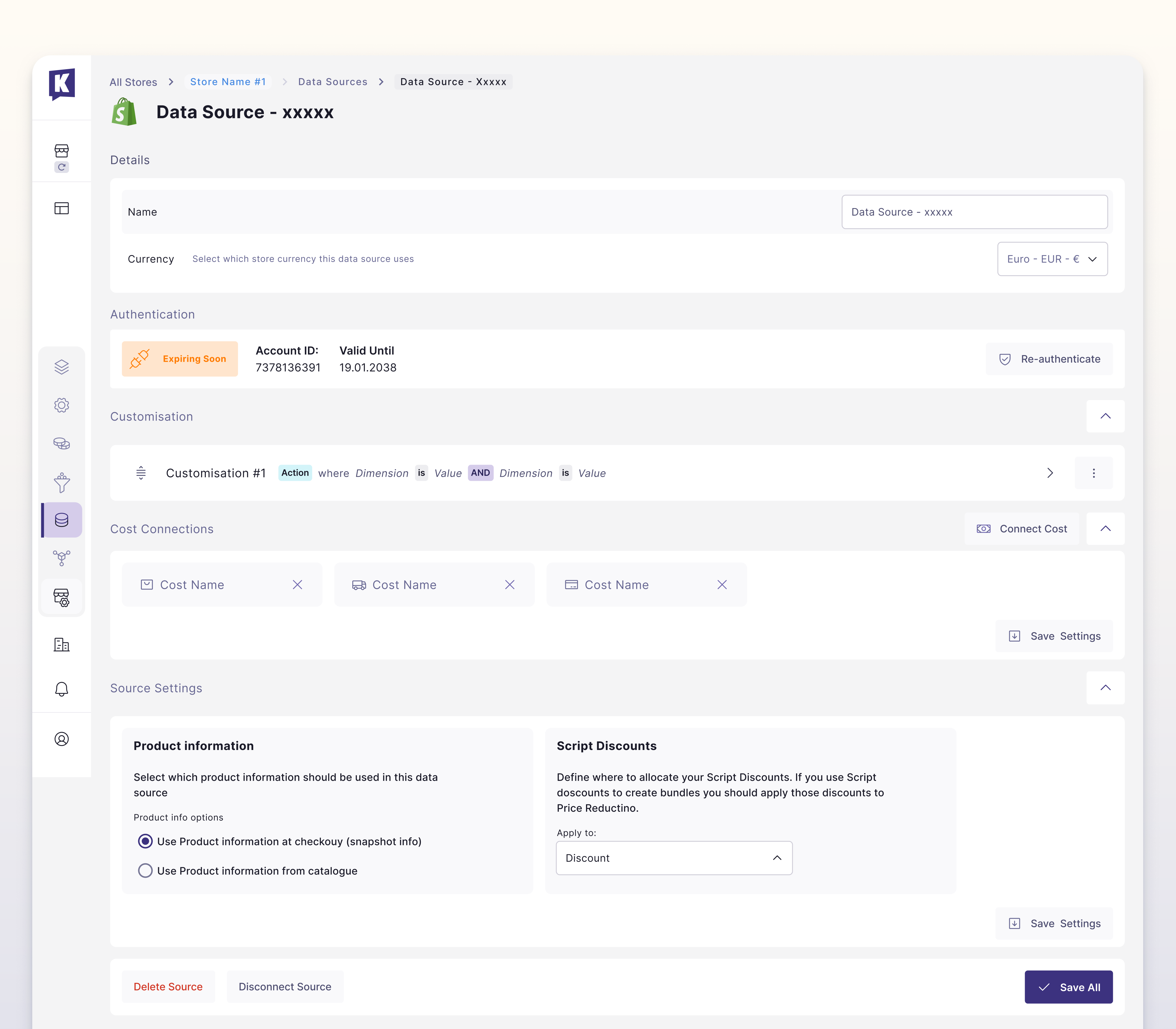 Data Source details Page - Store Configurator analytics connected data sources customisation data source page navigation reporting shopify source management step in navigation store configurator ui