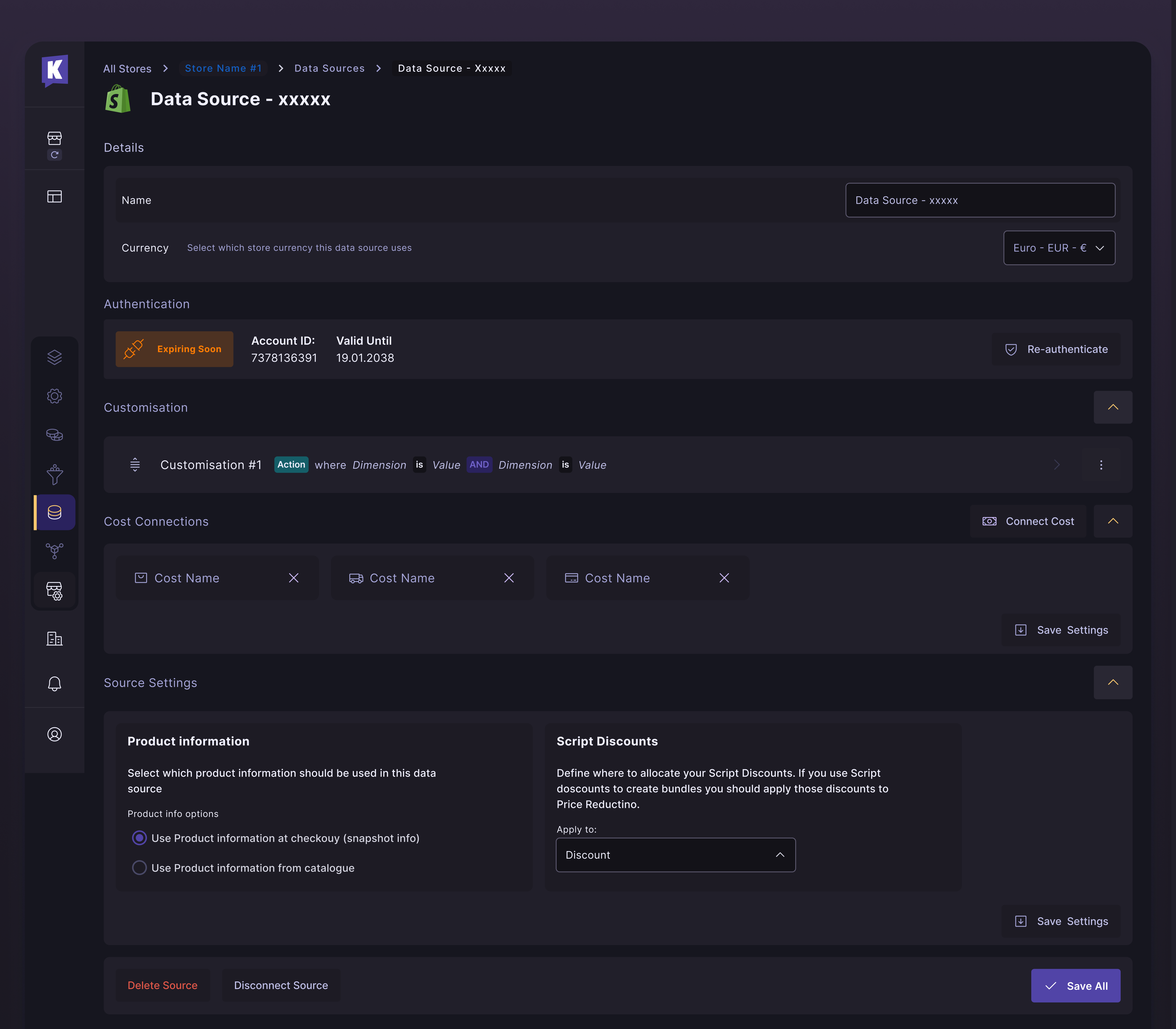 Data Source details Page - Store Configurator - Dark Mode analytics data data management data sources details page ecom reporting shopify store store configurator