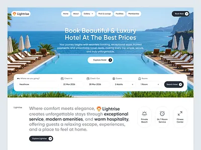 Lightrise - A Hotel Website Design adventure clean hotel hotel booking hotel website journey luxury modern rent restaurant staycation ticket travel traveller travelling vacation web web design website world