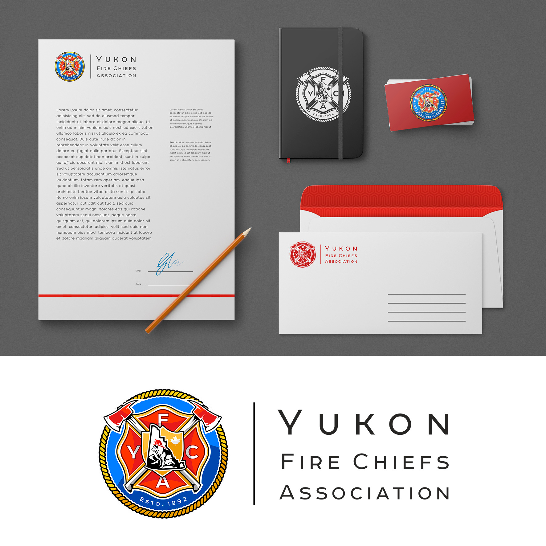 The Association of Yukon Fire Chiefs Stationery + Logo 3d animation branding design graphic design illustration logo motion graphics ui vector