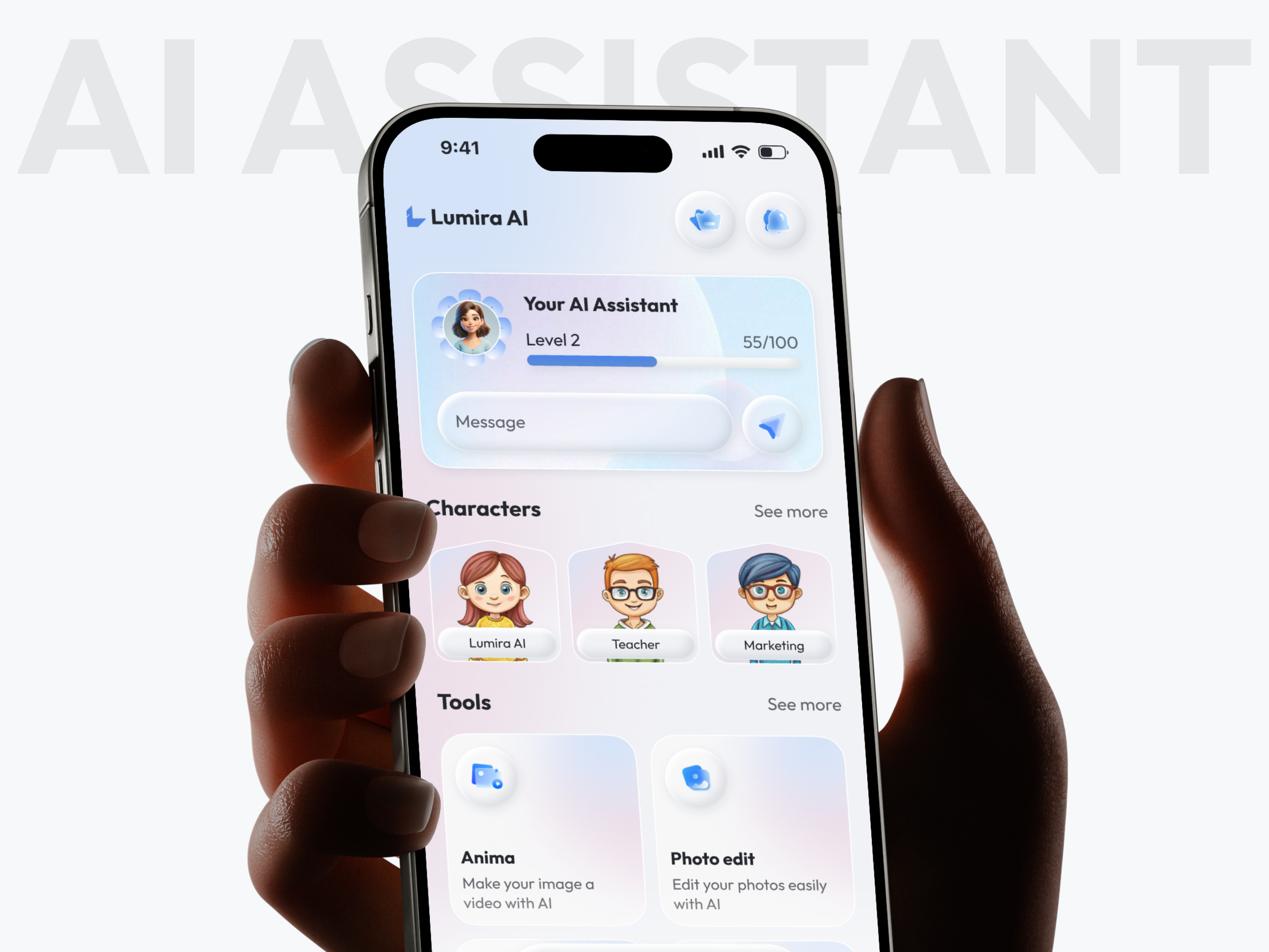Modern AI Assistant Mobile App Design ai app ai assistant ai design app design chatbot app chatbot ui fintech app glassmorphism ios app mobile app mobile app design mobile ui productivity app ui design ui ux ux design