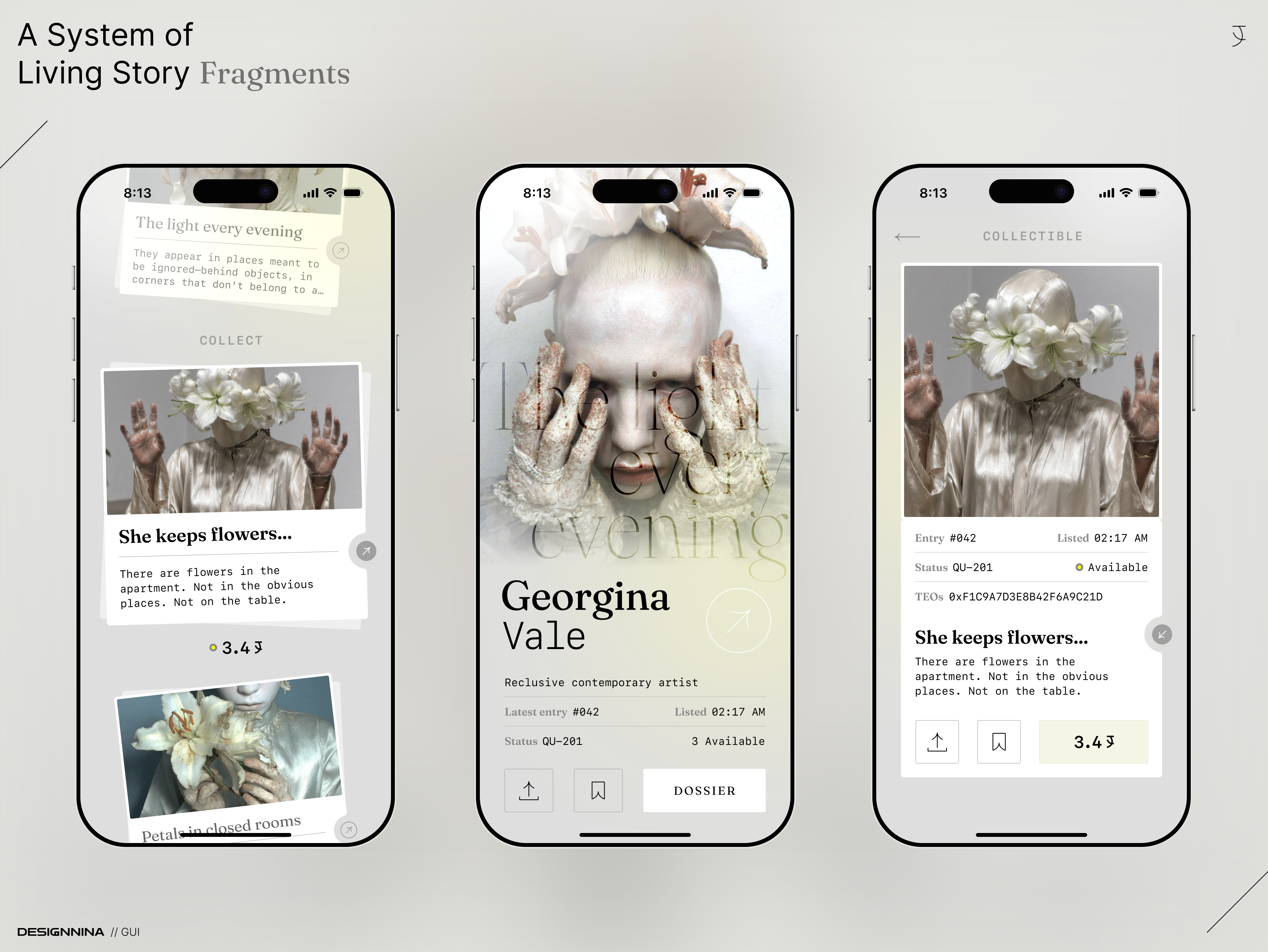 Collectible Story Tokens as Digital Art ai app collectible crypto digital art editorial design experimental ui grid interaction design layout minimal mobile app product design storytelling tokens typography ui