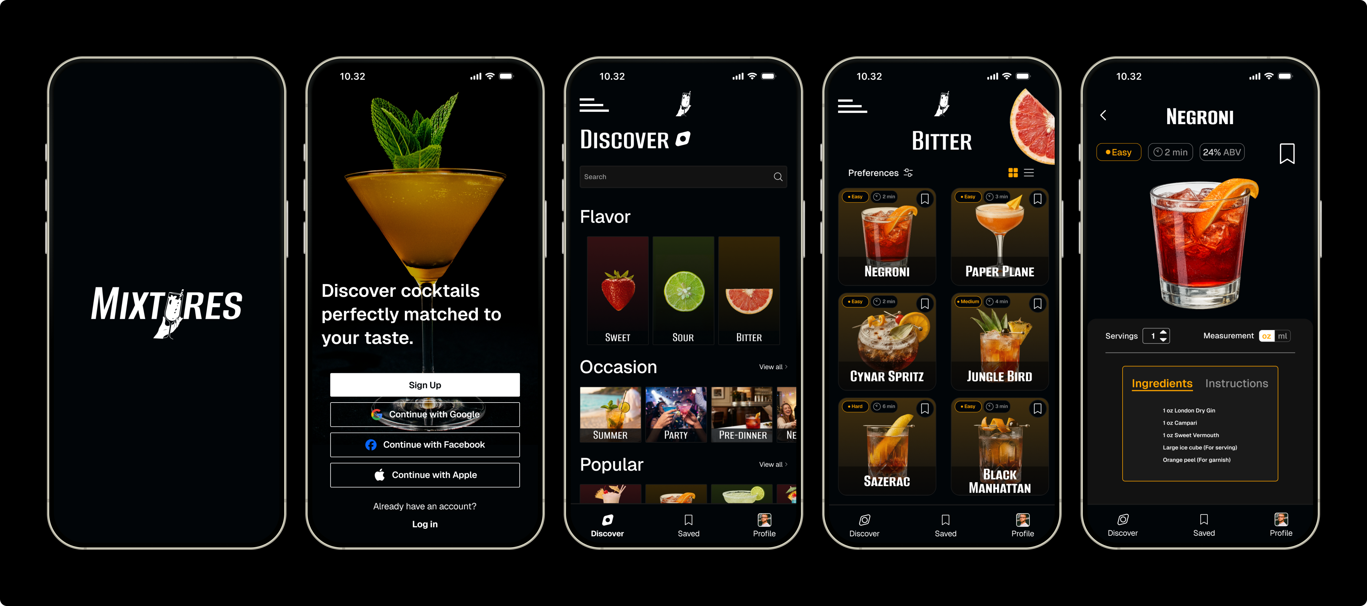 Mixtures - Cocktail Recipe App branding cocktail dark theme mobile app onboarding splash screen ui