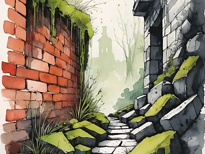 Path to the lost garden decay garden hidden illustration landscape overgrown pathway ruins secret urban wanderlust watercolor