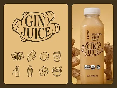 Gin Juice – Organic Ginger Beverage Brand Identity and icons beverage branding brand identity branding clean design eco branding food branding ginger juice hand drawn illustration healthy lifestyle icon set illustration system label design logo design minimal design modern rustic natural products organic brand packaging design product design vintage typography