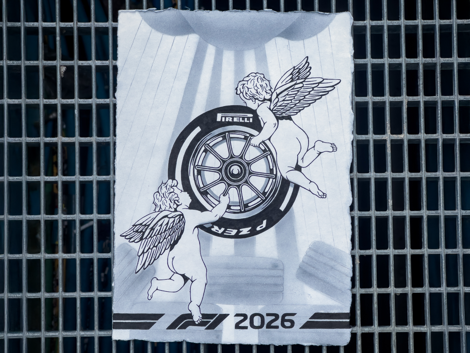 Divine Downforce a4 airbrush angels artwork car culture drawing f1 graphic design handdrawn illustration illustrator ink minimal motorsport onpaper pirelli poster art symbol symbolism wheels