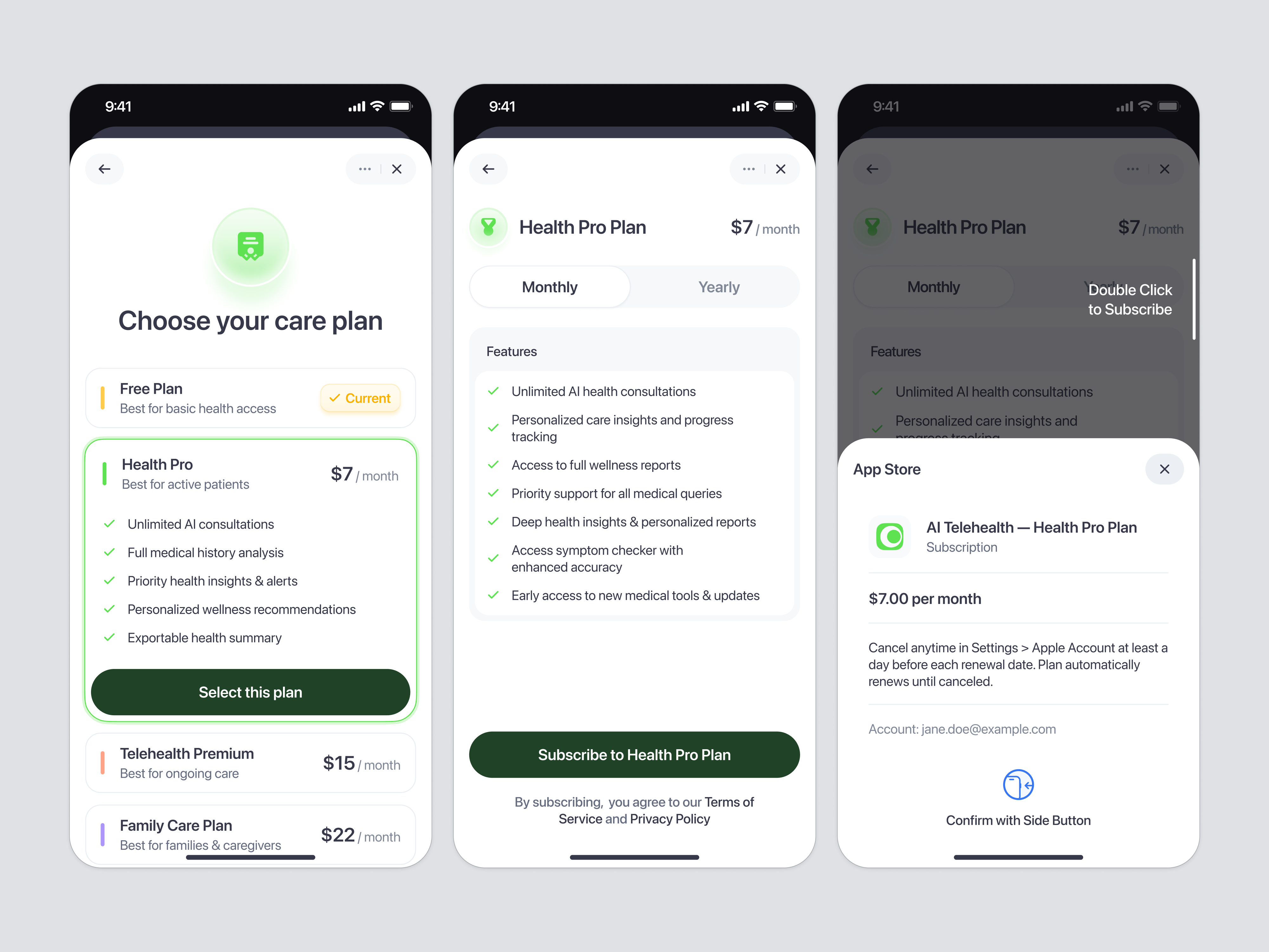 Example of Healthcare Subscription Mobile App: Plan Selection & Checkout