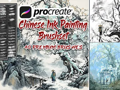 40 Chinese Ink Painting Brushes for Procreate brush pack chinese ink brushes concept art digital painting forest stamps illustration landscape brushes mountains procreate brushes texture brushes