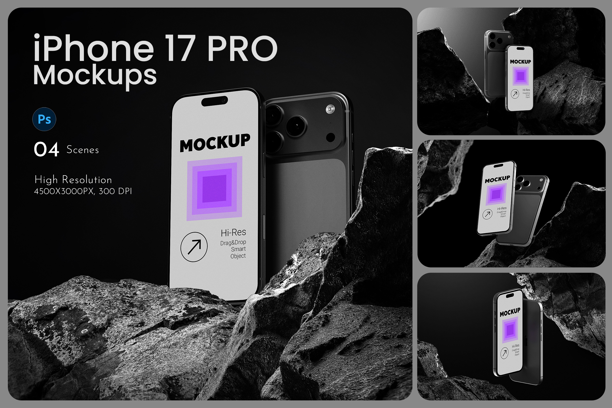 iPhone 17 Pro Mockups 17 app branding dark design device download mock ups graphic design high iphone mobile mockup photoshop presentation pro psd resolution screen smartphone ui