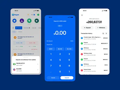 Deposit, withdrawal and transaction history (NGN & USD wallets) app design design dollars figma fintech mobile app payment prediction market ui usd web3