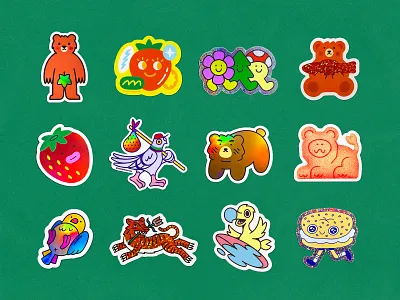 Sticker Dump bear bird branding design dodo flower fruit graphic design holographic icon illustration lion logo mushroom pidgeon sticker stickers strawberry tiger tree