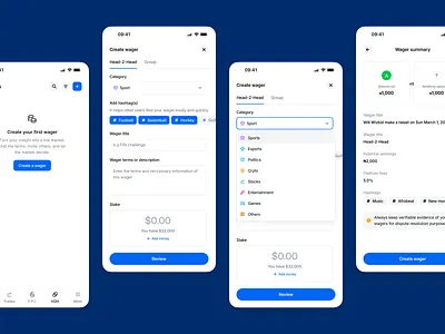 Wager creation flow design figma fintech prediction market sport stake trade ui wager web3