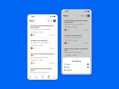 Wager List and Filters app design design figma fintech mobile app trade ui wager web3