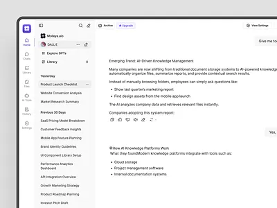 Molleya.aio — AI Chat & Knowledge Management Dashboard UI ai assistant ai chat ai platform animation dashboard design inspiration document management gpt interface graph interface design knowledge management product design productivity tool prototype saas design stats ui ui ux visual design web design