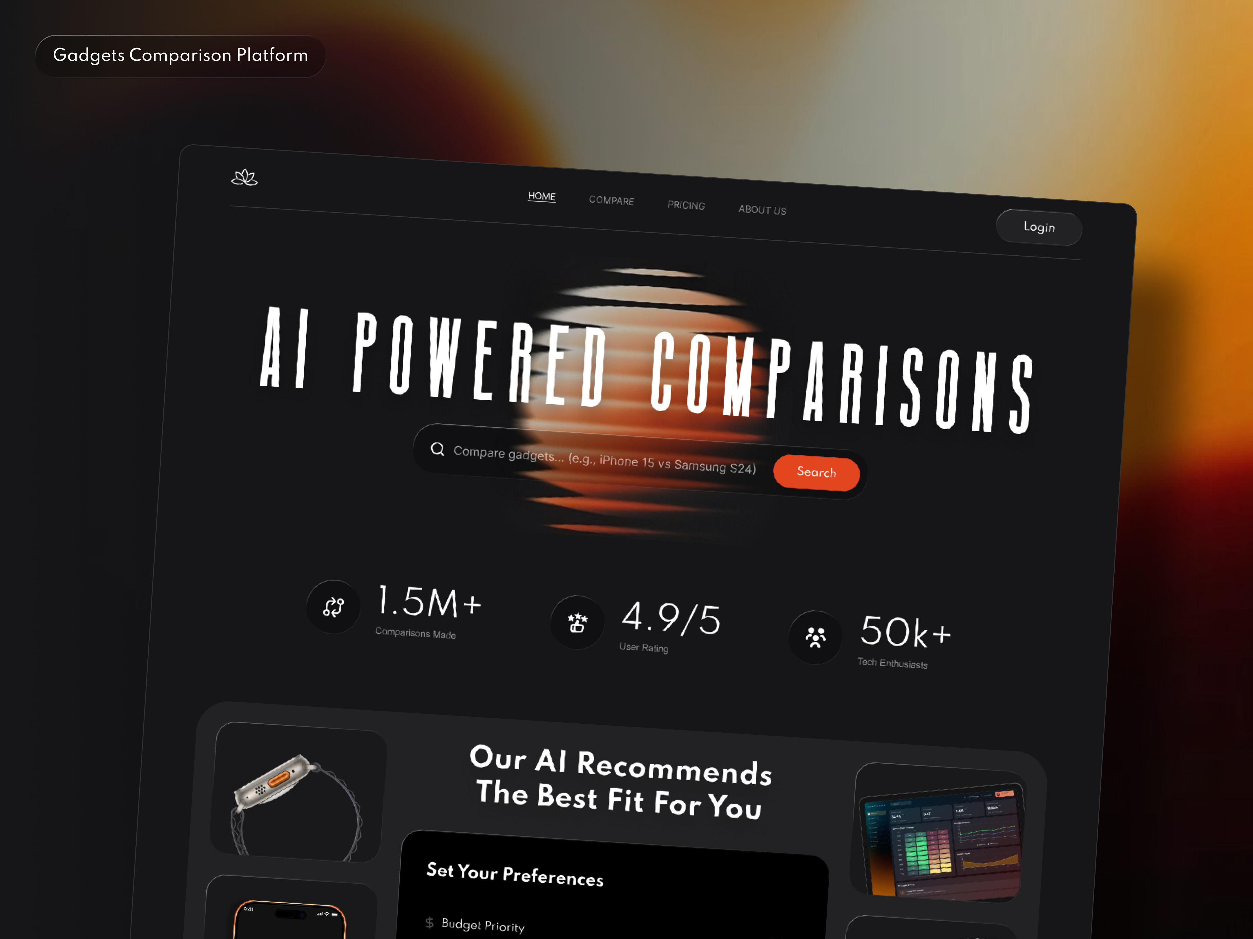 AI-Powered Gadget Comparison Platform - HERO Section ai branding dark ui dashboard design design interaction design product design ui ui design uiux ux uxdesign web design
