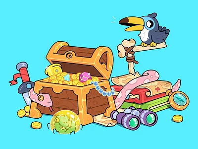 Exploration and Adventure binoculars bird bones books cartoon compass design desktop illustration lizard map parrot pirates treasure chest treasures vector