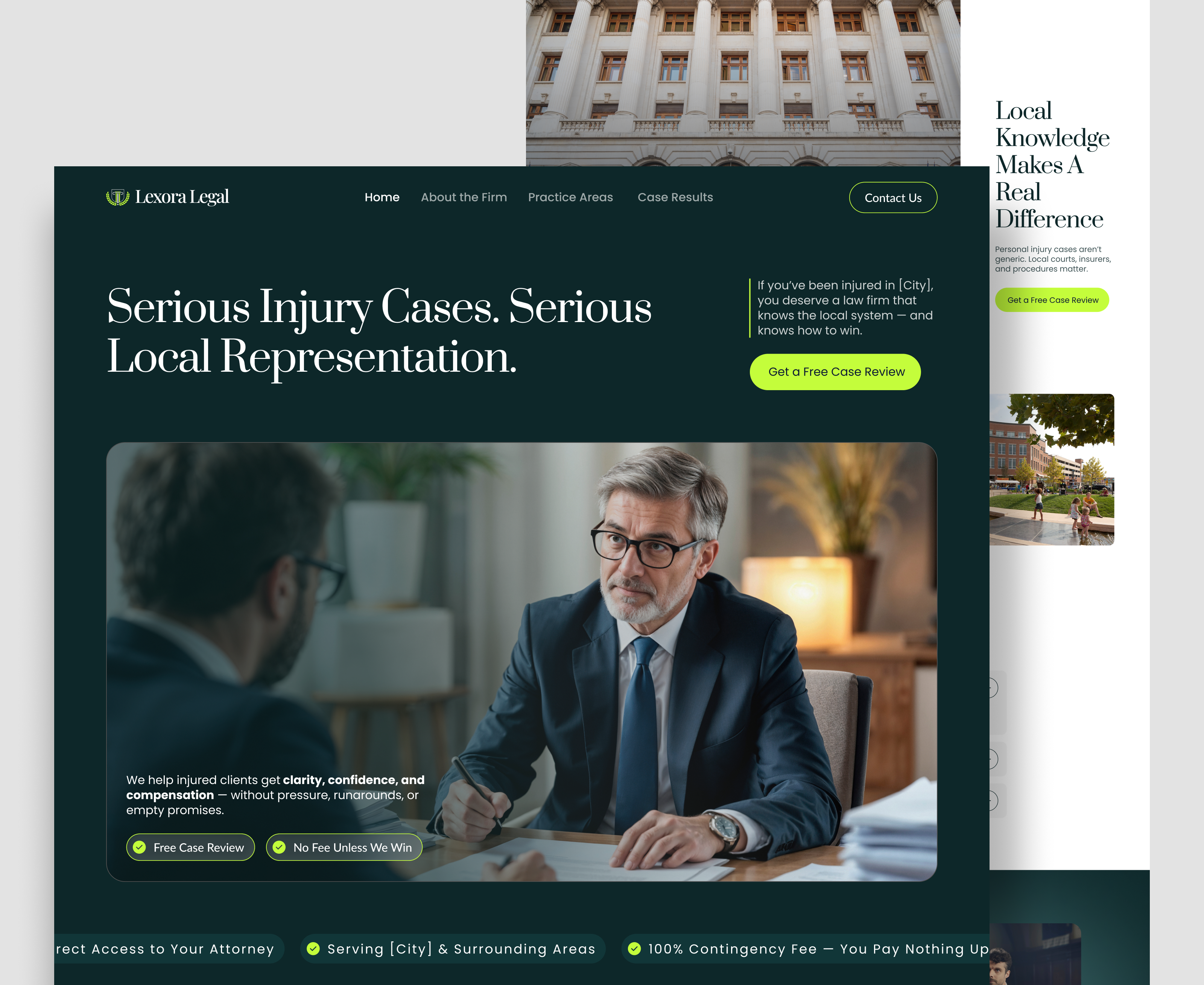 Modern Law Firm Landing Page Design: Trust & Authority cleanui darkmode lawyer legalui personalinjury ui