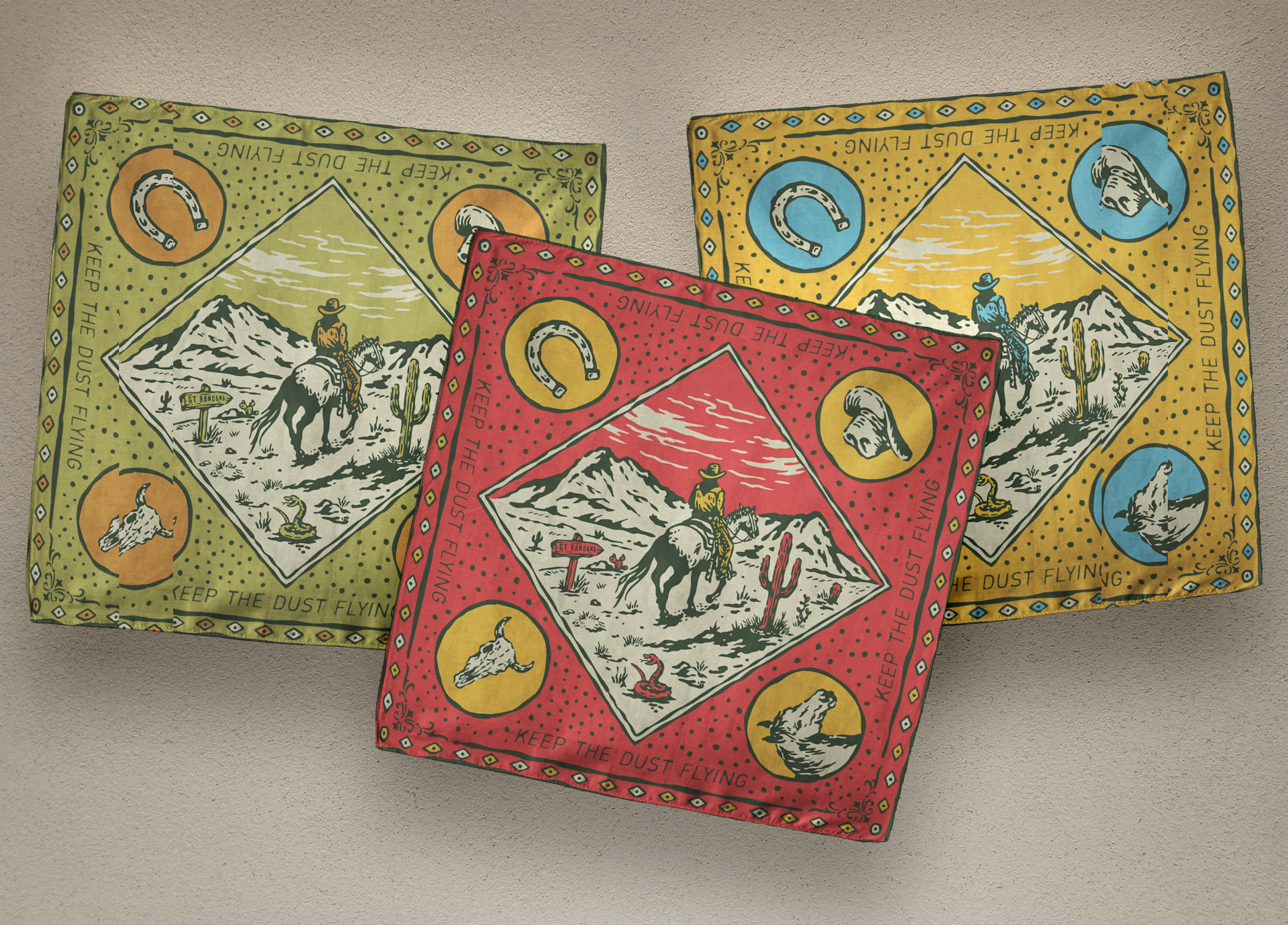 GT BANDANA apparel artwork bandana bandanas brand identity branding cowboy design graphic design hand draw illustration merchandise mockup vintage design visual identity western