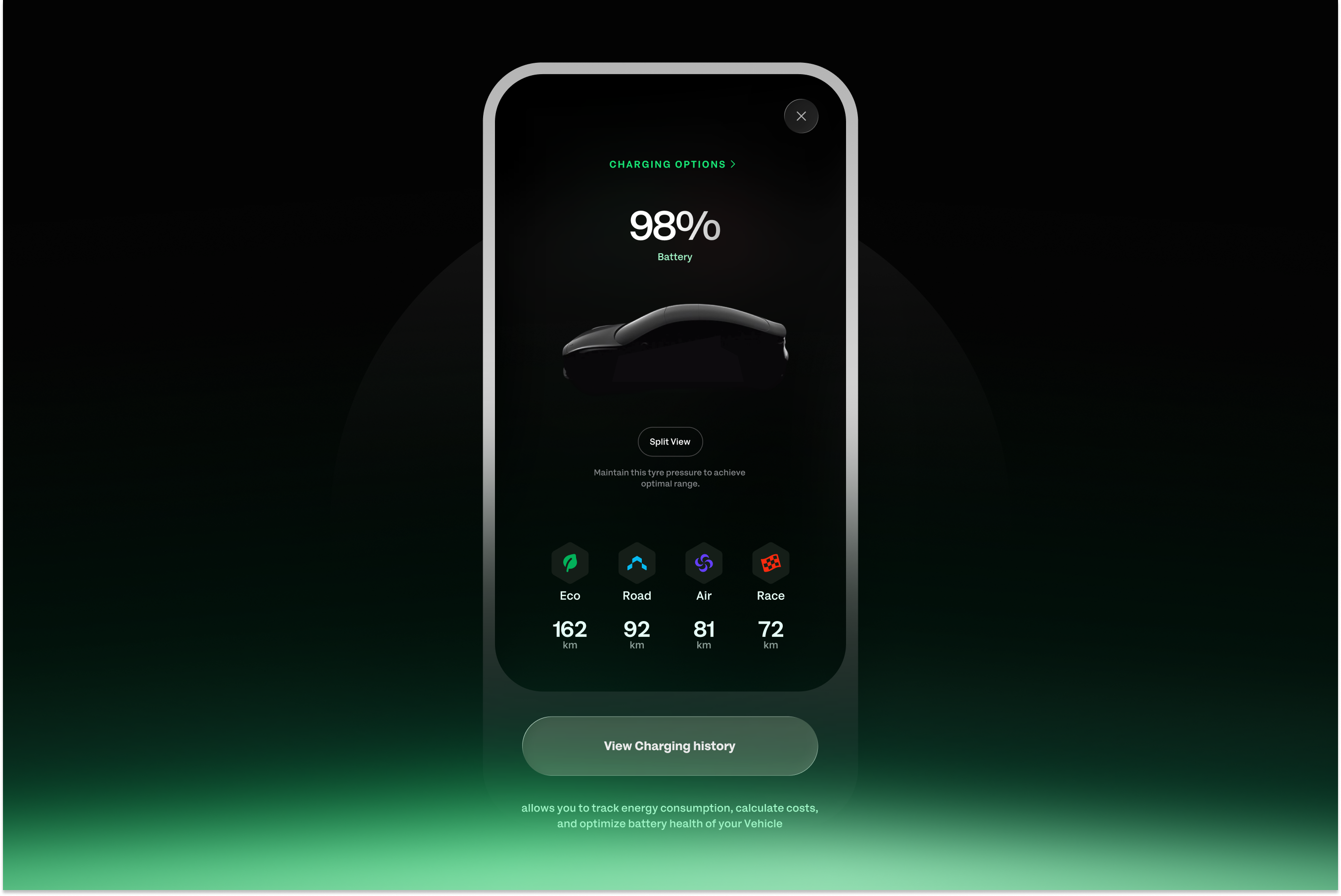 Tesla Charging Mobile Screen apple black button car charging dark ev gradiant green icons illustration latest modes scooter screen slider tesla trend typography ui