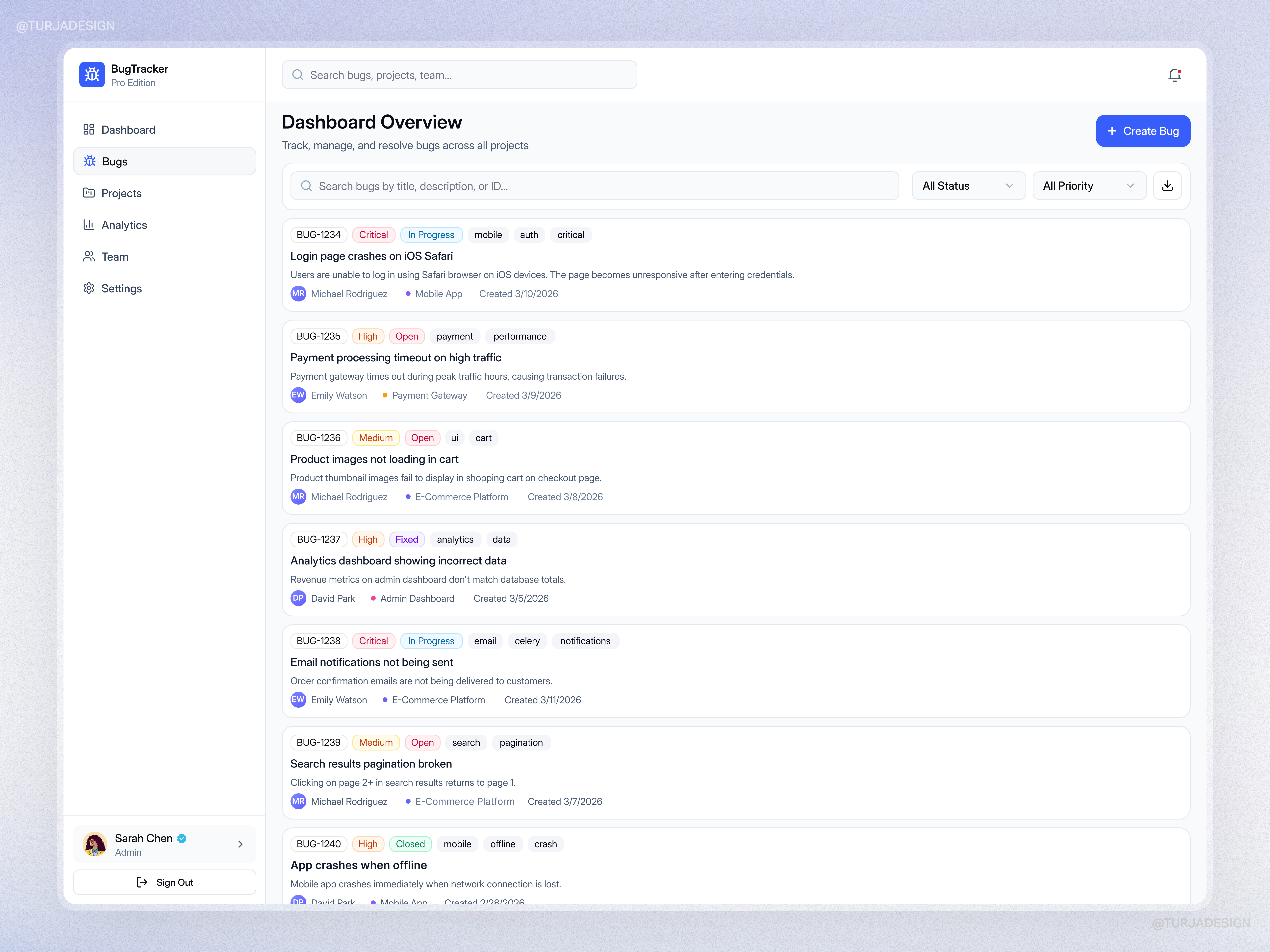 Bug Tracker Webapp 2026 bugtracker dashboard designinspiration developer devtools formdesign interfacedesign modaldesign productdesign saasdesign saasui webappui