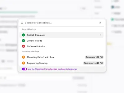 Meeting search + AI agent toggle ai ai agent ai search calendar calendar list commandbar dashboard dropdown events meeting app meeting list meetings modal product design productivity saas toolbar ui