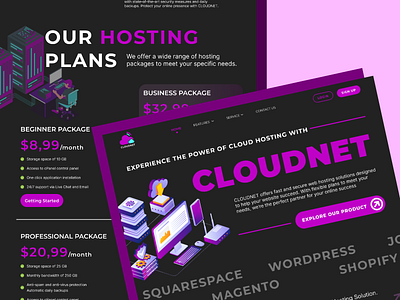 CLOUDNET | Hosting Website Landing Page cloud dark mode domain host hosted hosting internet landing page pricing provider server service ui ui hosting uiux ux vps web design web hosting website hosting