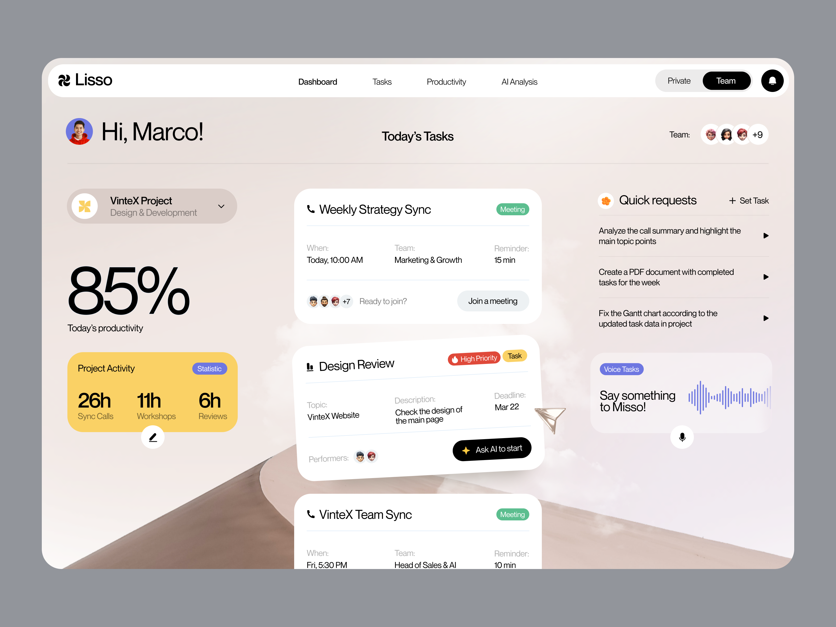 Dashboard for a Productivity Product ✦ Lisso