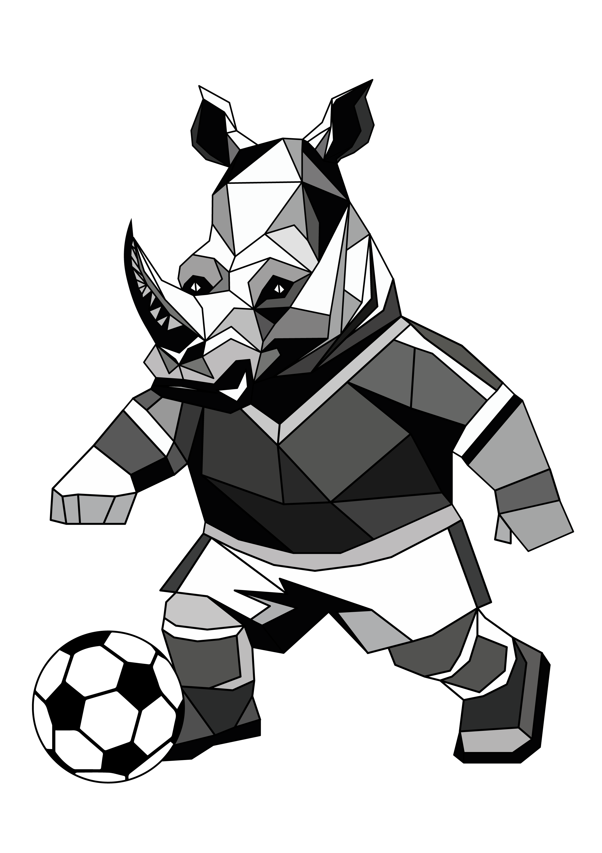 Rhino Ray with Soccer Ball active rhino black and white rhino football sticker geometric animal geometric rhino low poly animal low poly rhino minimal rhino polygon animal polygon rhino ray rhino character rhino football player rhino illustration rhino sticker rhino with soccer ball soccer rhino soccer sticker sports sticker sporty rhino
