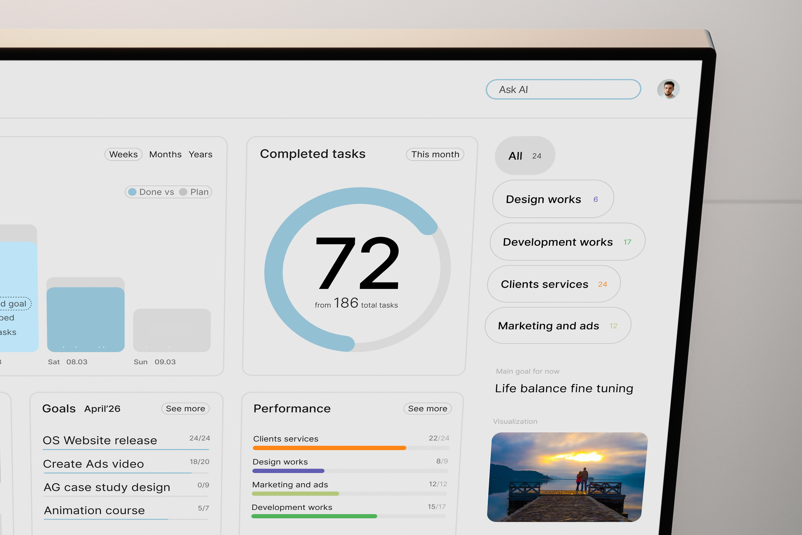 Personal Productivity Dashboard dashboard design desktop app interface personal productivity product design productivity saas saas design task manager ui uiux user experience user interface ux uxui design web app