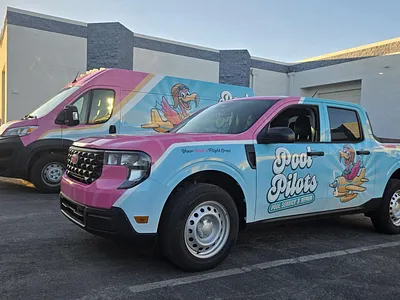 Vehicle Wraps branding flamingo graphic design home service home service branding illustration logo pool service truck van wrap