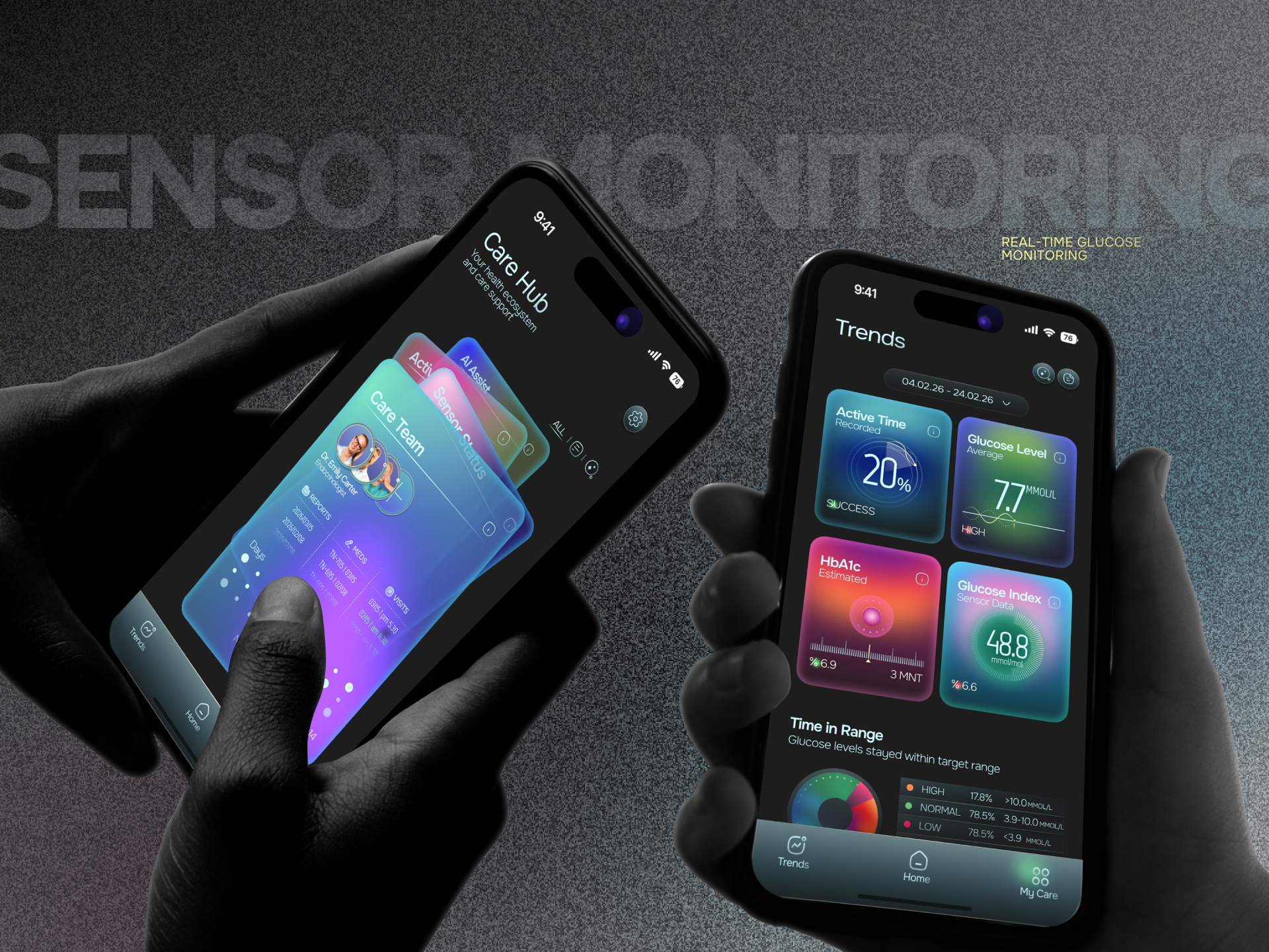 Diabetes Care App – Mobile UI appdesign branding darkui healthcare healthtech medicalapp mobileapp productdesign uiux uxdesign web design