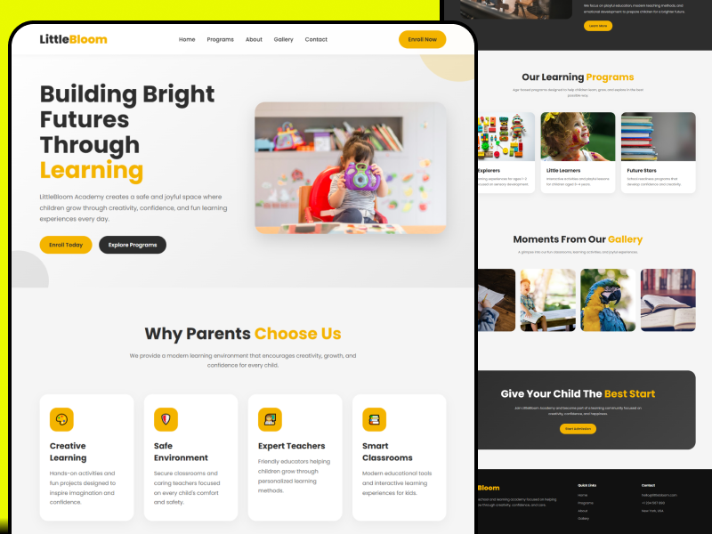 Modern Kids & Kindergarten School Website UI Design branding clean web ui color theory design design portfolio project design system figma figma ui design kindergarten moderndesign prototyping ui ui research user experience ux web development webdesign website websitedesign wireframing