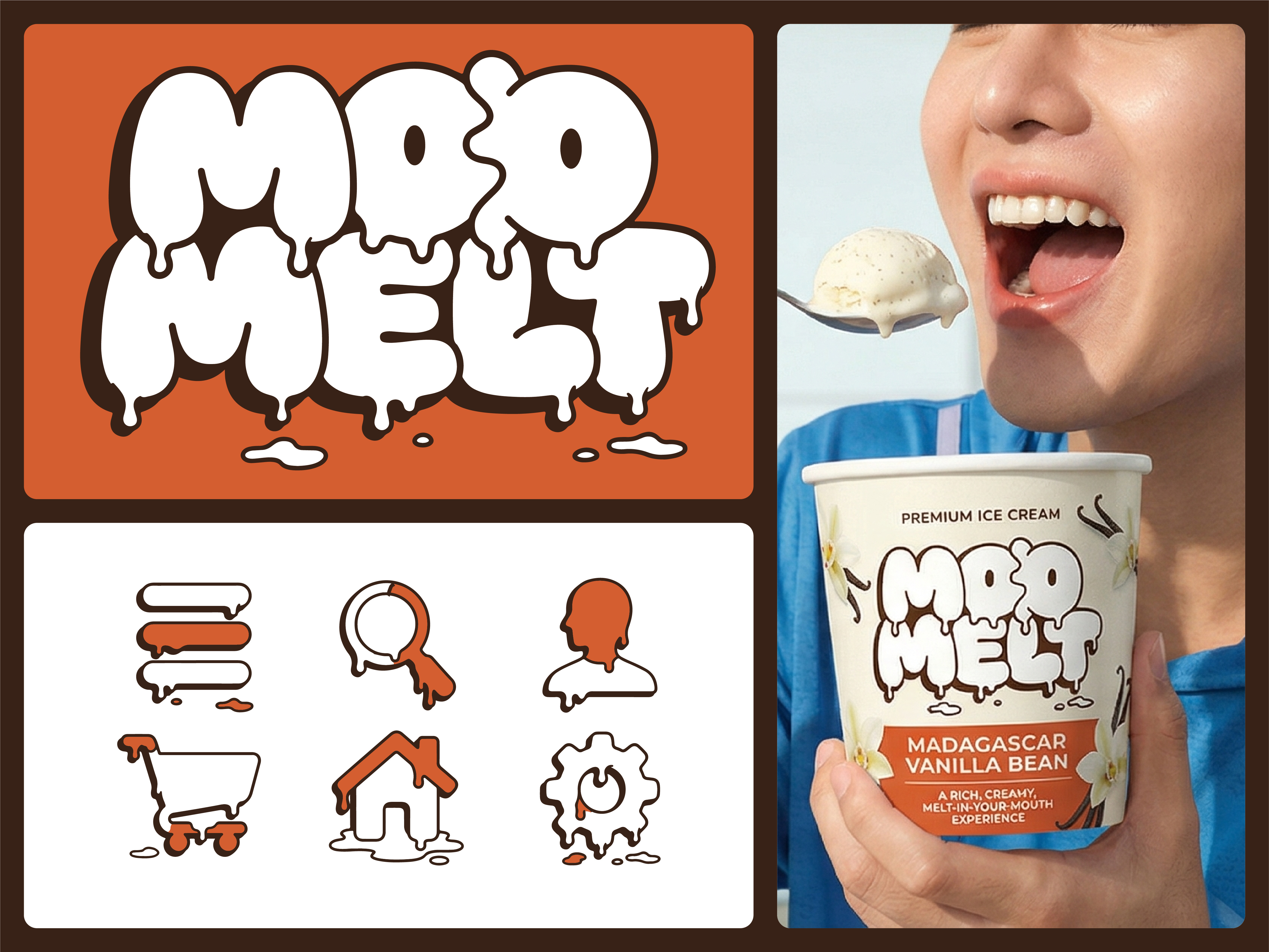 Moo Melt – Playful Dripping Ice Cream Brand Identity bold typography brand identity chocolate creamy dessert dribbble food branding fun branding ice cream icons logo design mascot free branding melting effect minimal modern logo packaging design playful sweet typography visual identity